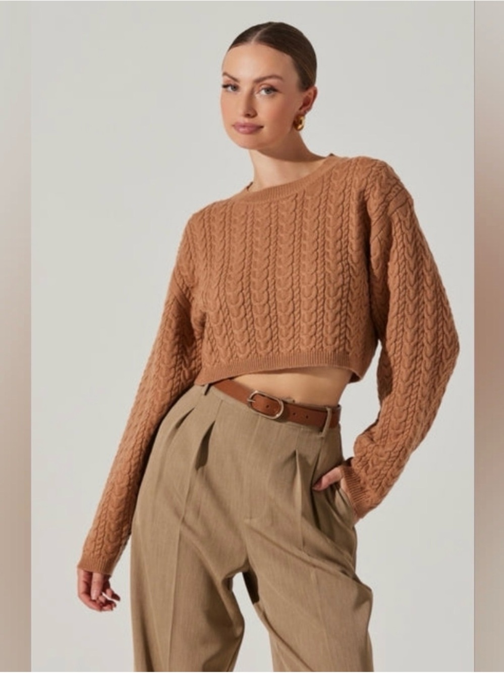 Astr Cropped Cable-Knit Crew Sweater in Camel Brown